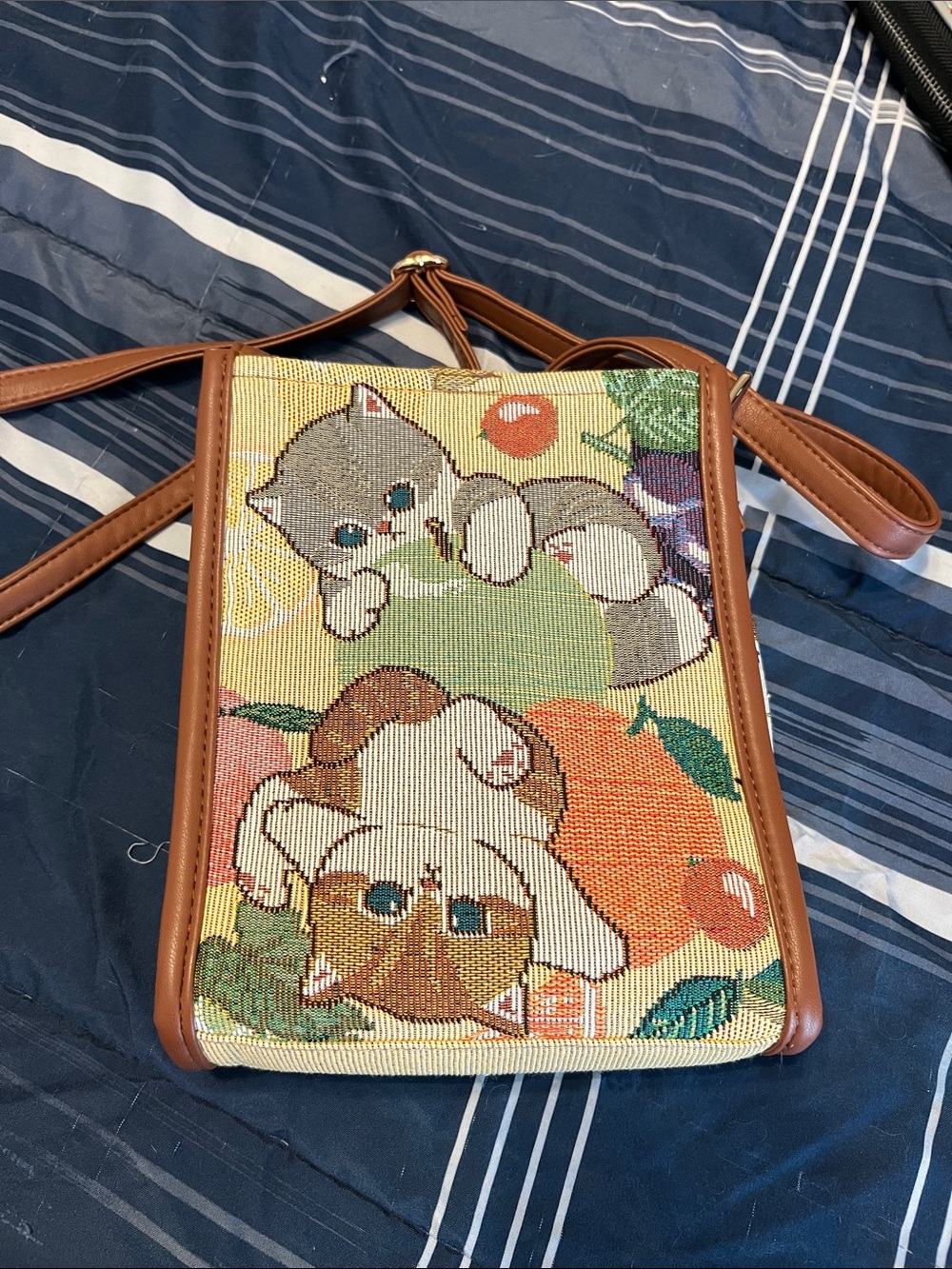 Mofusand Fruit Brown Trim Crossbody Bag with Playful Cat Tapestry Print
